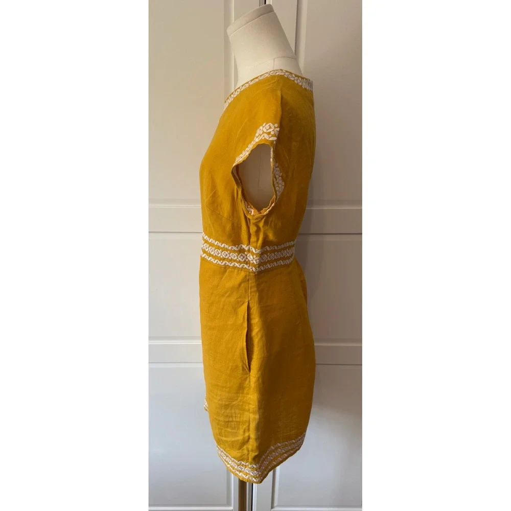 Boden Laura Linen Embroidered Mustard Yellow Linen Shift Dress US 8R